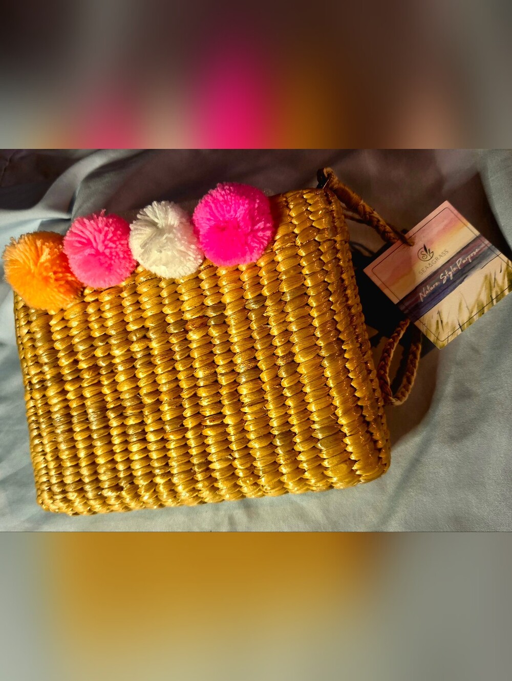 WRISTLET Sea & Grass Eva Pom-Pom Wristlet Clutch - Woven Seagrass NWT